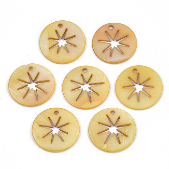 Natural Freshwater Shell Pendants, Flat Round with Hollow Star, Dyed, Yellow, 20x2mm, Hole: 1.6mm