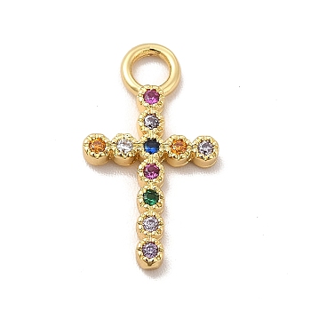 Rack Plating Brass Micro Pave Cubic Zirconia Pendants, Cadmium Free & Lead Free, Long-Lasting Plated, Religion Cross Charm, Real 18K Gold Plated, Colorful, 19x10.5x2mm, Hole: 2.8mm
