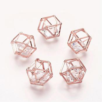 Brass Hollow Polygon Beads, with Floating Glass Beads Inside, Rose Gold, 13x13x17mm