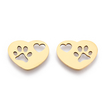 Ion Plating(IP)  201 Stainless Steel Pendants, Laser Cut, Heart with Hollow Heart & Dog Footprint, Real 18k Gold Plated, 14.5x18.5x1mm, Hole: 1.6mm