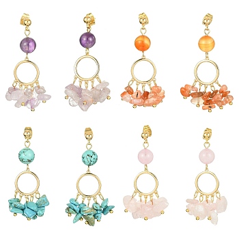 4 Pair 4 Style Golden Brass Ring Chandelier Earrings, Natural & Synthetic Mixed Gemstone Chips Drop Earrings, 46~48mm, 1 Pair/style