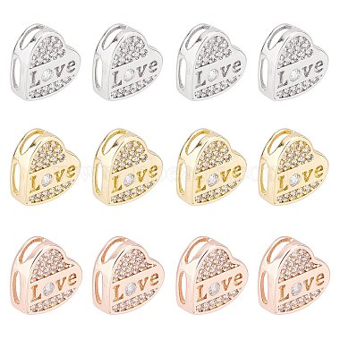Mixed Color Clear Heart Brass+Cubic Zirconia Slide Charms