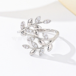 Brass Micro Pave Cubic Zirconia Finger Rings for Women, Leaf, Silver, US Size 8(18.1mm)(FU0623-7)