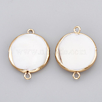 Electroplate Freshwater Shell Links connectors, with Iron Findings, Flat Round, Seashell, Golden, 26x20x4mm, Hole: 1.5mm(SHEL-S274-32G)
