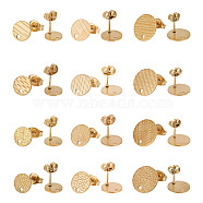 24Pcs 12 Style 304 Stainless Steel Ear Stud Findings, with Ear Nuts/Earring Backs and Hole, Textured Flat Round, Golden, 8~12mm, Hole: 1.2mm, Pin: 0.8mm, 2pcs/style(STAS-AR0002-02G)