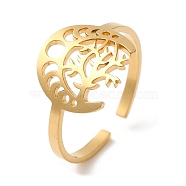 304 Stainless Steel Open Cuff Ring, Hollow Moon Phase & Tree of Life, Golden, US Size 8 1/4(18.3mm)(RJEW-K251-02G)