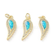 Rack Plating Brass Micro Pave Cubic Zirconia Pendants, Synthetic Opal Angel Wing Charms with Jump Ring, Cadmium Free & Lead Free, Long-Lasting Plated, Real 18K Gold Plated, Cyan, 21x8x3.5mm, Hole: 3.4mm(KK-C041-17G)