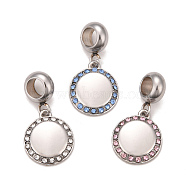 304 Stainless Steel Rhinestone European Dangle Charms, Large Hole Pendants, Stainless Steel Color, Flat Round, Mixed Color, 24mm, Hole: 4.5mm(STAS-F278-25P)