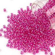 TOHO Round Seed Beads, Japanese Seed Beads, (785) Hot Pink Lined Crystal Rainbow, 8/0, 3mm, Hole: 1mm, about 10000pcs/pound(SEED-TR08-0785)