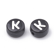 Opaque Acrylic Beads, Letter Style, Horizontal Hole, Flat Round, Letter.K, 7x4mm, Hole: 1.5mm(X-SACR-N002-02K)