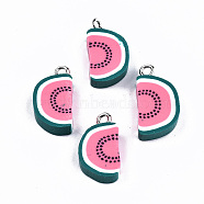 Handmade Polymer Clay Pendants, with Platinum Iron Findings, Watermelon, Green & Red, 18.5x10x4.5mm, Hole: 1.8mm(CLAY-T016-70)