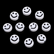 Opaque Craft Acrylic Beads, Flat Round with Smiling Face, White, 7x4mm, Hole: 2mm, about 3600pcs/500g(MACR-S369-005)