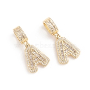 Brass Micro Pave Cubic Zirconia Pendants, Long-Lasting Plated, Letter, Clear, Letter.A, 33.5mm, Hole: 6.5x9mm, Letter.A: 20x16x3.5mm(ZIRC-G165-13G-A)