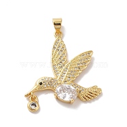 Rack Plating Brass Micro Pave Cubic Zirconia Pendants, Cadmium Free & Lead Free, Long-Lasting Plated, Real 18K Gold Plated, Bird, Clear, 30x28x5mm, Hole: 4.5x3.5mm(KK-E281-22G)