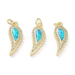 Rack Plating Brass Micro Pave Cubic Zirconia Pendants, Synthetic Opal Angel Wing Charms with Jump Ring, Cadmium Free & Lead Free, Long-Lasting Plated, Real 18K Gold Plated, Cyan, 21x8x3.5mm, Hole: 3.4mm(KK-C041-17G)
