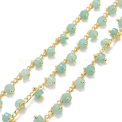 Natural Flower Amazonite Beaded Chains, with Ion Plating(IP) Brass Chain, Long-Lasting Plated, Soldered, 3x2x0.5mm(CHC-B020-01G-07)