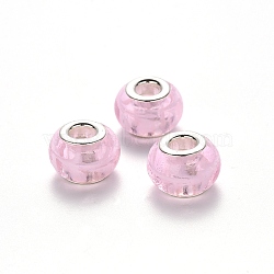 Handmade Lampwork European Beads, Large Hole Rondelle Beads, with Platinum Tone Brass Double Cores, Pearl Pink, 14x9~10mm, Hole: 5mm(LPDL-N001-006)