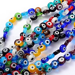 Handmade Lampwork Beads, Evil Eye, Flat Round, Mixed Color, about 8mm in diameter, 4mm thick, hole: 1mm, about 50pcs/strand(DF021Y)