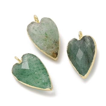Natural Green Strawberry Quartz Pendants, Faceted Heart Charms, with Golden Plated Brass Edge Loops, 22.5x13x7.5mm, Hole: 3mm
