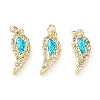 Rack Plating Brass Micro Pave Cubic Zirconia Pendants, Synthetic Opal Angel Wing Charms with Jump Ring, Cadmium Free & Lead Free, Long-Lasting Plated, Real 18K Gold Plated, Cyan, 21x8x3.5mm, Hole: 3.4mm