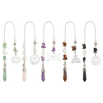 5Pcs 5 Style Natural Gemstone Pointed Dowsing Pendulums, with Stainless Steel Findings, Bullet, 266~274mm, 1pc/style