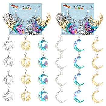 201 Stainless Steel Pendant Stitch Markers, Moon with Cat Crochet Lobster Clasp Charms, Locking Stitch Marker with Wine Glass Charm Ring, Mixed Color, 4.6~5.4cm, 2 style, 6pcs/style, 12pcs/set