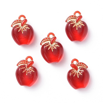 Plating Transparent Acrylic Pendants, Golden Metal Enlaced, Apple Charm, for Teacher's Day, Red, 24.5x18.5x11.5mm, Hole: 2.5mm, about 170pcs/500g