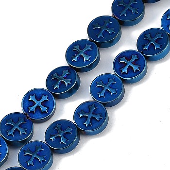 Electroplated Synthetic Non-magnetic Hematite Beads Strands, Flat Round with Cross, Blue Plated, 8x3mm, Hole: 0.8mm, about 51pcs/strand, 15.75''(40cm)