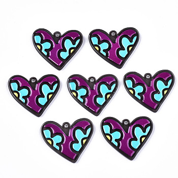 Acrylic Pendants, 3D Printed, Heart with Flower Pattern, Colorful, 31x37x3mm, Hole: 2mm