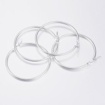304 Stainless Steel Big Hoop Earrings, Hypoallergenic Earrings, Silver, 46x45x2mm, 12 Gauge, Pin: 1x0.8mm