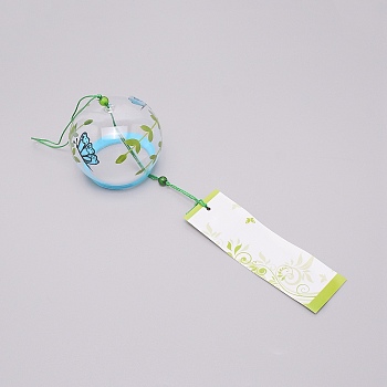 Japanese Round Painting Glass Wind Chimes, with Polyester Cord, Plastic Beads, Rectangle Paper Card, Butterfly Farm, 400mm