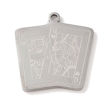 304 Stainless Steel Pendants, Rectangle with Playing Card Charm, Stainless Steel Color, 22.5x21.5x1.5mm, Hole: 1mm