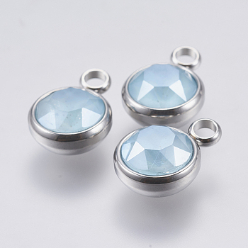 K9 Glass Pendants, with 304 Stainless Steel Findings, Faceted, Flat Round, Stainless Steel Color, Sky Blue, 13.5x10x6mm, Hole: 2.5mm