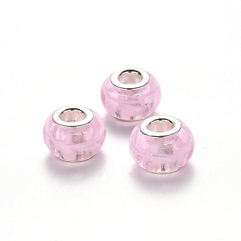 Handmade Lampwork European Beads, Large Hole Rondelle Beads, with Platinum Tone Brass Double Cores, Pearl Pink, 14x9~10mm, Hole: 5mm