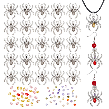 AHADERMAKER DIY Spider Pendant Making Kit for Halloween, Including Alloy Pendant Cabochon Settings, ABS Plastic Pearl Teardrop & Cubic Zirconia Diamond Cabochons, Mixed Color, 90Pcs/box