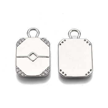 Ion Plating(IP) Brass Micro Pave Clear Cubic Zirconia Pendant Cabochon Settings, Nickel Free, Rectangle, Real Platinum Plated, Tray: 3x3mm, 24.5x16x1.5mm, Hole: 3.5x4.3mm