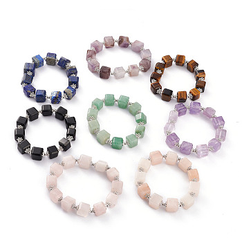 Natural Gemstone Cube Beads Stretch Bracelets, with Brass Beads, Golden, Inner Diameter: 1-7/8~1-7/8 inch(4.7~4.9cm)