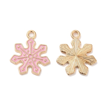 Christmas Light Gold Tone Alloy Enamel Pendants, Snowflake Charm, Pink, 20x17x1.5mm, Hole: 2mm