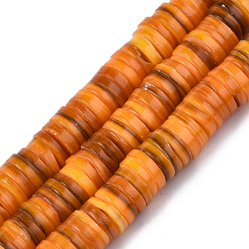 Natural Freshwater Shell Beads Strands, Dyed, Heishi Beads, Flat Round/Disc, Dark Orange, 8x1mm, Hole: 0.8mm, about 196pcs/strand, 15.16''(38.5cm)