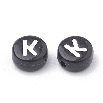 Opaque Acrylic Beads, Letter Style, Horizontal Hole, Flat Round, Letter.K, 7x4mm, Hole: 1.5mm