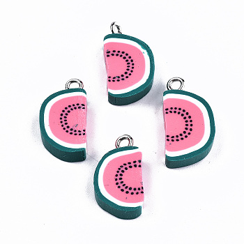 Handmade Polymer Clay Pendants, with Platinum Iron Findings, Watermelon, Green & Red, 18.5x10x4.5mm, Hole: 1.8mm