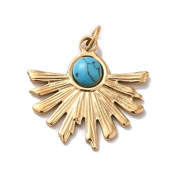 Vacuum Plating 304 Stainless Steel Pendants, with Synthetic Turquoise and Jump Ring, Sun Light Charm, Golden, Blue, 25x26x3.5mm, Hole: 4mm