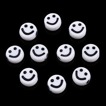 Opaque Craft Acrylic Beads, Flat Round with Smiling Face, White, 7x4mm, Hole: 2mm, about 3600pcs/500g