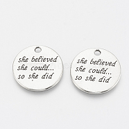 Tibetan Style Alloy Quote Pendants, Flat Round with Word, Cadmium Free & Lead Free, Antique Silver, 22x1mm, Hole: 2mm(X-TIBE-Q085-06AS-LF)