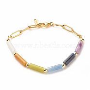Natural Mixed Gemstone Curved Tube Beaded Bracelet with 304 Stainless Steel Paperclip Chains, Chakra Jewelry for Women, 8 inch(20.2cm)(BJEW-JB08128)