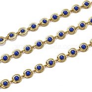 Brass Link Chains, with Enamel, Spool, Long-Lasting Plated, Unwelded, Flat Round, Golden, Dark Blue, Links: 9x6x1.5mm(CHC-L039-47L-G)