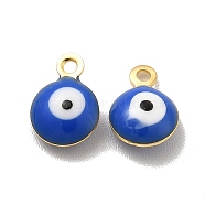 304 Stainless Steel Evil Eye Enamel Charms, Flat Round Charm, Golden, Blue, 7.5x6x3mm, Hole: 1mm(STAS-G302-03G-03)
