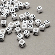 Large Hole Acrylic Letter European Beads, Horizontal Hole, White & Black, Cube with Letter, Letter.Q, 8x8x8mm, Hole: 4mm, about 1144pcs/500g(SACR-Q103-8mm-01Q)