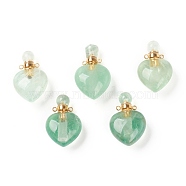 Natural Fluorite Pendants, Openable Perfume Bottle, with Golden Tone Brass Findings, Heart Shape, 33~35x22~23x12~13mm, Hole: 3.5mm, capacity: 1ml(0.03 fl. oz)(G-H252-C02)