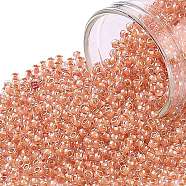 TOHO Round Seed Beads, Japanese Seed Beads, (985) Inside Color Crystal/Salmon Lined, 11/0, 2.2mm, Hole: 0.8mm, about 1110pcs/bottle, 10g/bottle(SEED-JPTR11-0985)